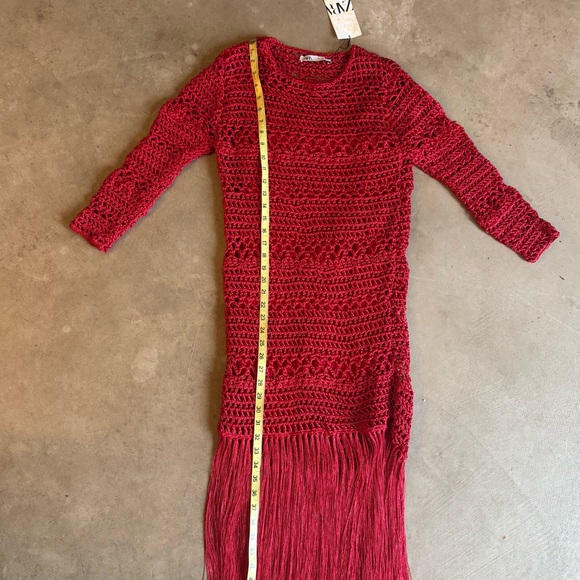 NWT ZARA Stunner Red fringe crochet dress with slip (S) - Picture 6 of 10